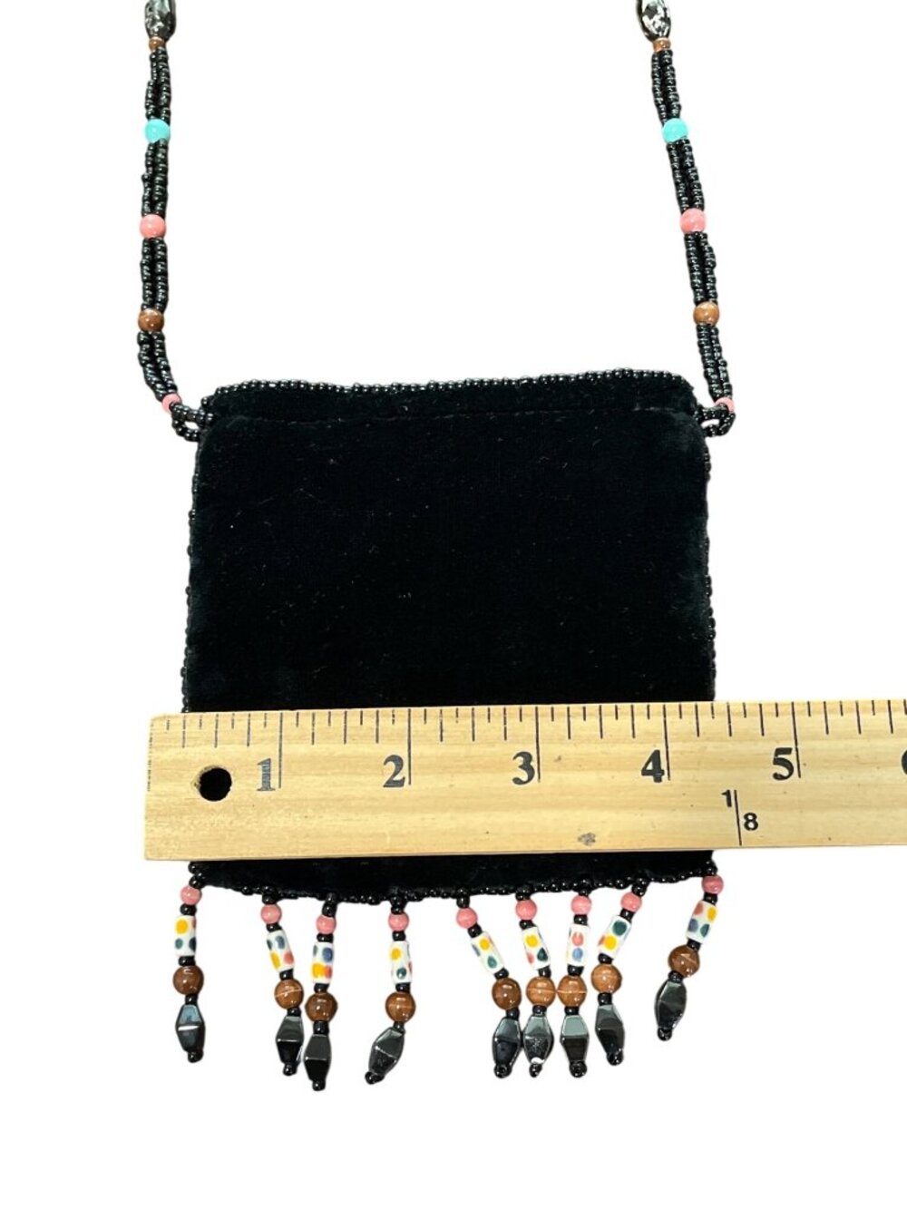 Vtg Linda Segal Black Velvet Beaded Mini Bag Feather & Bead Accent Boho 80s 90s - Picture 6 of 6